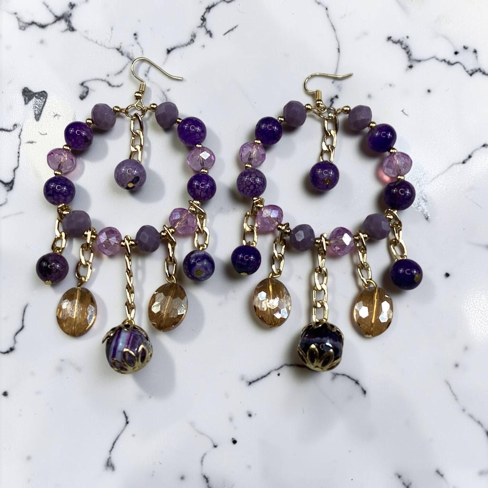 Handmade Mexican Amethyst Chandelier Hoop Earrings Crystal‎ Gold Plated Purple